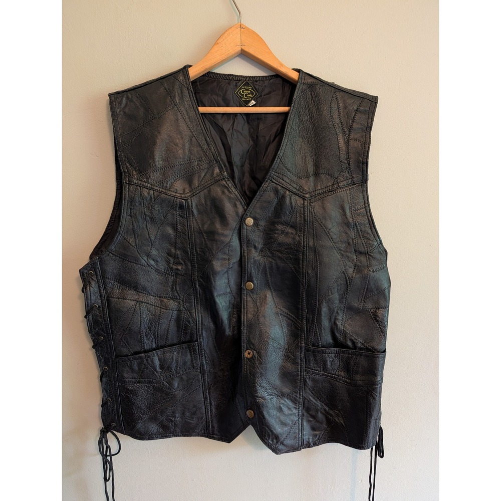 Canyon Creek Unisex Black Patchwork Leather Motorcycle Biker Vest Side Lace XXL